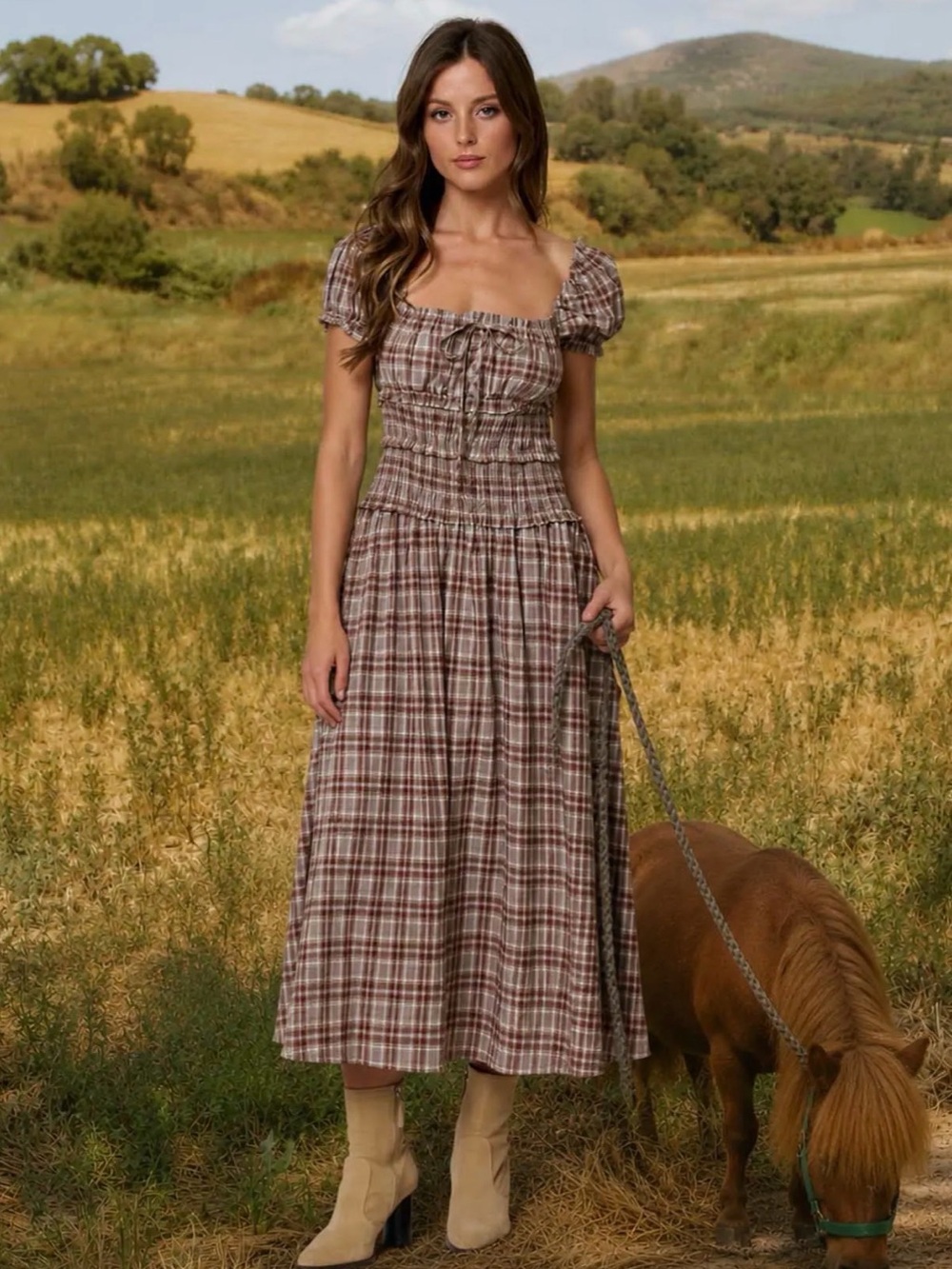 A509 Smocked Plaid Midi Dress with Puff Sleeves - Brown Plaid